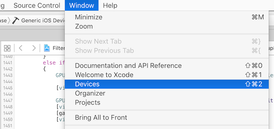 Xcode Devices in the Window menu